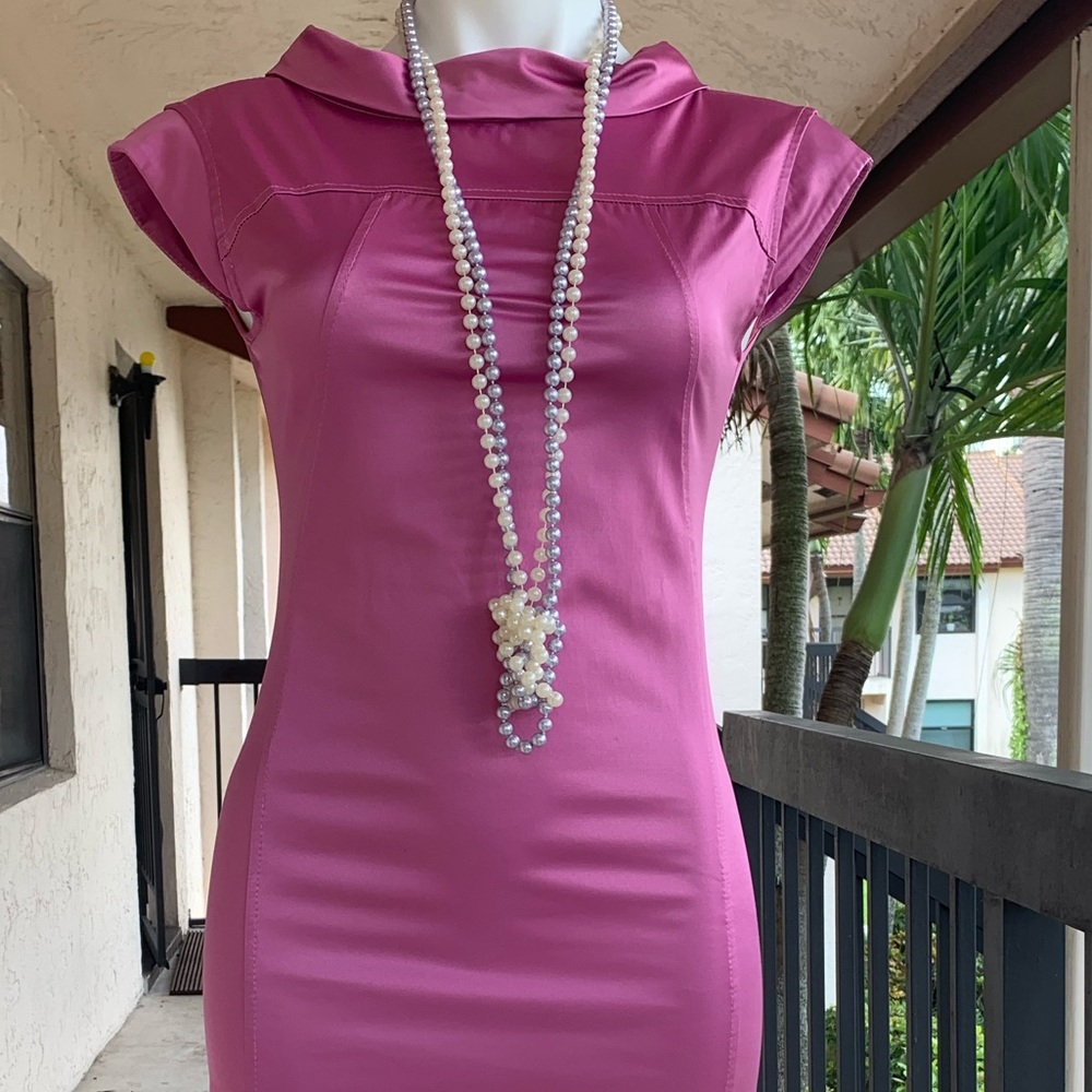 Satin fitted Hot Pink dress with Belt and Necklace